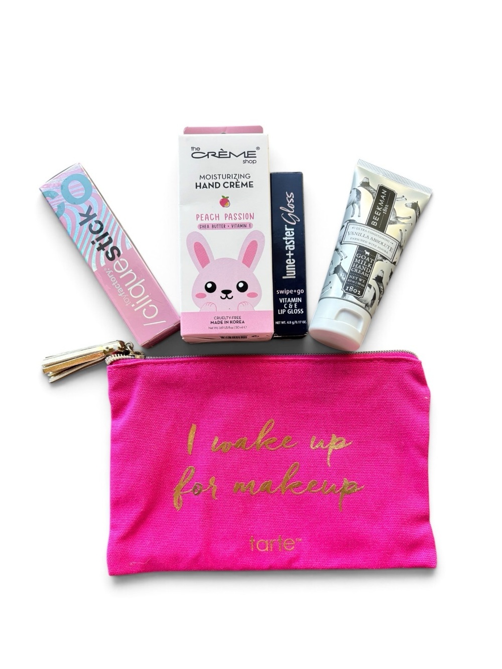 NWT stuffed tarte beauty bag bundle hands, eyes, lips